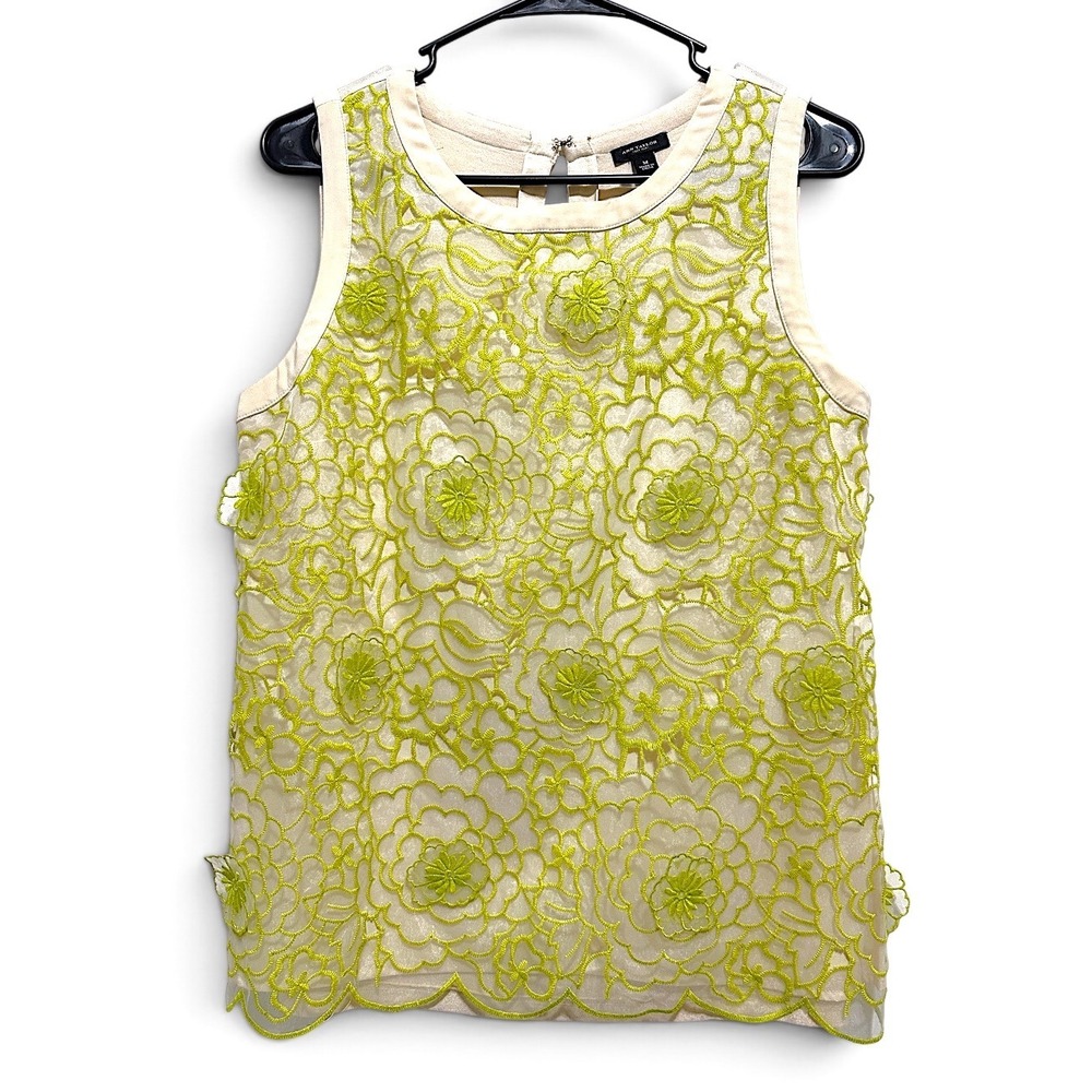 Ann Taylor Tank Top M Cream Lime Green Floral Embroidered Mesh Scalloped Hem